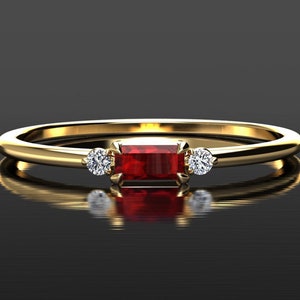Ruby Stacking Ring, Baguette Ruby Ring, Ruby Anniversary Ring, Yellow Gold Ring, Stackable Ring, Mini Ruby Ring, Minimalist Ring, Ruby Ring