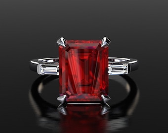 Anel de diamante platina rubi | Anel de noivado com 3 pedras | Rubi de 4 quilates | Presente de aniversário | Anel de declaração | Anel com corte esmeralda | Anel de compromisso