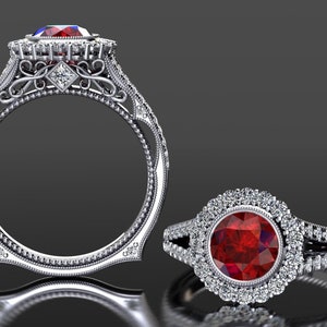 Halo Ruby Ring | Diamond Ruby Ring | White Gold Engagement Ring | Birthstone Ring | Unique Wedding Ring | Anniversary Gift | Cocktail Ring
