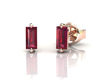Ruby Baguette Stud Earrings, 14k Solid Rose Gold Mini Studs, July Birthstone Jewelry, Anniversary, Birthday Gift Jewelry, Red Ruby Stud