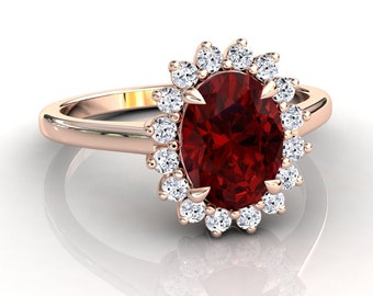 Oval Ruby Halo Ring, Natural VS Quality Diamonds, Solid 14k or 18k Rose Gold, Engagement Ring, Gemstone Anniversary Ring, Cocktail Ring