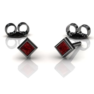 Black Gold Ruby Stud Earrings, Princess Cut Studs, July Birthstone Jewelry, Everyday Wear, Small Modern Earrings, Single Or Pair
