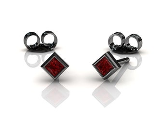 Black Gold Ruby Stud Earrings, Princess Cut Studs, July Birthstone Jewelry, Everyday Wear, Small Modern Earrings, Single Or Pair