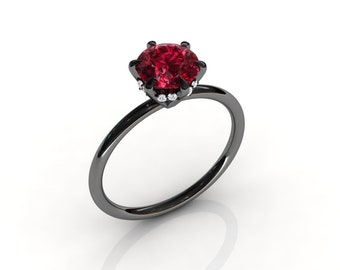 Ruby Solitaire Engagement Ring / 14k Black Gold Ruby Engagement Ring / Anniversary Ring / Natural Diamonds / Ruby Jewelry / Birthstone Ring