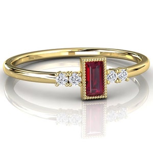 Baguette Ruby Stacking Ring, 14k Solid Yellow Gold & Natural Diamond Accents, Petite Minimalist Red Ruby Ring, July Birthstone Jewelry Gift