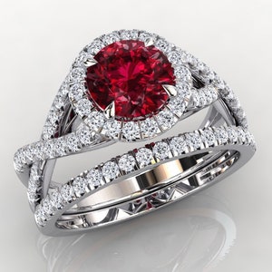 Platinum Ruby Ring Round Ruby Engagement Ring Pave Set Ring Wedding Ring Natural Diamonds Anniversary Ring Platinum Pave Ring Platinum Ring+Band