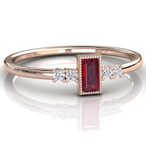 Baguette Ruby Stacking Ring, 14k Solid Rose Gold & Natural Diamond Accents, Petite Minimalist Red Ruby Ring, July Birthstone Jewelry Gift