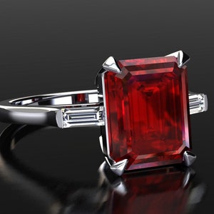 Ruby Diamond Ring | 3 Stone Engagement Ring | 4 Ct Ruby | Anniversary Gift | Statement Ring | Emerald Cut Ring | Promise Ring | White Gold
