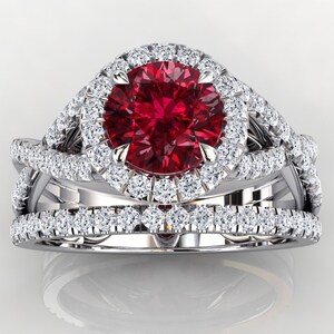 Platinum Ruby Ring Round Ruby Engagement Ring Pave Set Ring Wedding Ring Natural Diamonds Anniversary Ring Platinum Pave Ring image 9