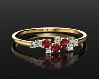 Ruby Ring | Stacking Ring | Ruby And Diamond Cluster Ring | Natural Diamonds | Birthstone Ring | Anniversary Gift | Yellow Gold Ring