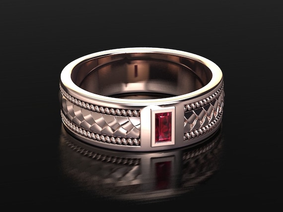 Mens Ruby Wedding Band 14k or 18k Rose Gold 7mm Band Braided