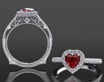 Ruby Engagement Ring, Heart Shape Ruby Ring, Ruby Anniversary Ring, White Gold Engagement Ring, Unique Ruby Engagement Ring, Heart Halo Ring