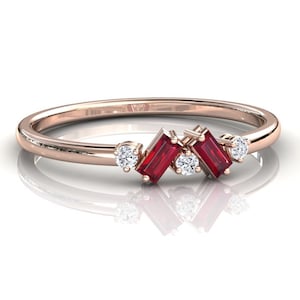 Baguette Ruby Cluster Stacking Ring, 14k Solid Rose Gold & Natural Diamond Accents, Petite Minimalist Ring, July Birthstone Jewelry