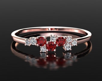 Ruby Ring | Stacking Ring | Ruby And Diamond Cluster Ring | Natural Diamonds | Birthstone Ring | Anniversary Gift | Rose Gold Ring