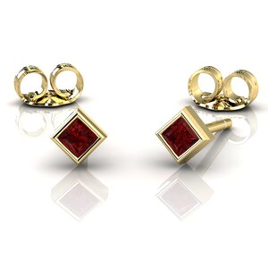 Ruby Stud Earrings, Princess Cut Studs, Solid 14k Yellow Gold, July Birthstone Jewelry, Everyday Wear, Small Modern Earrings, Single Or Pair