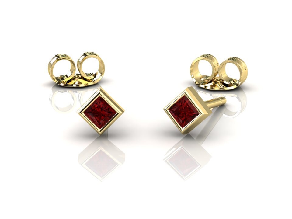 Ruby Stud Earrings, Princess Cut Studs, Solid 14k Yellow Gold, July Birthstone Jewelry, Everyday Wear, Small Modern Earrings, Single Or Pair