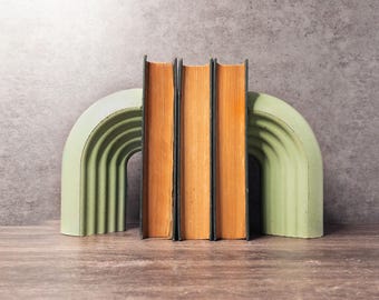 Concrete Rainbow Arch Bookends - Minimalist Neutral Shelf Decor, Modern Office Gift, Colorful Book Holder for Study & Library, Set of Two