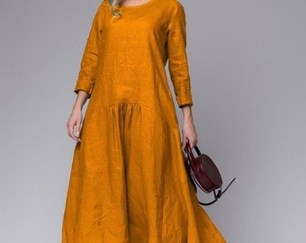 Linen Maxi dress,Organic linen dress,Linen Womens dress,Orange linen dress,Linen Oversized dress,Long linen dress,Half Sleeve linen dress