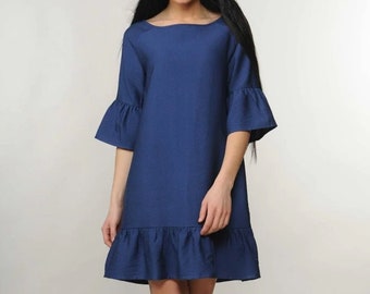Linen Midi dress,Linen Womens dress,Blue Linen dress,Linen Organic dress,Linen Half Sleeve dress,Linen Summer dress,Linen Ruffle dress