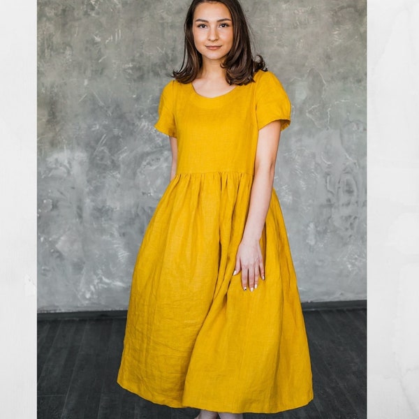 Linen Maxi Dress,Yellow Linen Womens Dress,Linen Plus Size Dress Pockets,Linen Short Sleeve Dress,Loose Oversized Dress,Linen Organic Dress