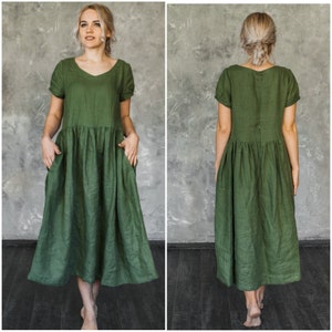 Loose linen dress, Linen dress with pockets, High waisted linen dress, Linen dress midi,Green linen dress,Casual linen dress,Oversized dress