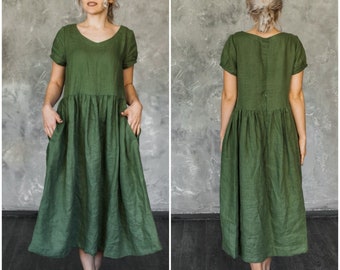Loose linen dress, Linen dress with pockets, High waisted linen dress, Linen dress midi,Green linen dress,Casual linen dress,Oversized dress