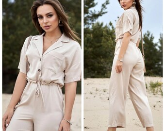 Natural linen jumpsuit with buttons, Jumpsuit with pockets, Linen overalls, Linen romper, Linen playsuit for women, Casual linen jumpsuit