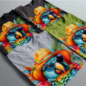 May include: Four different t-shirts featuring a parrot wearing sunglasses and a hat design. The parrots are all different colours and have different backgrounds. The t-shirts are all different colours.