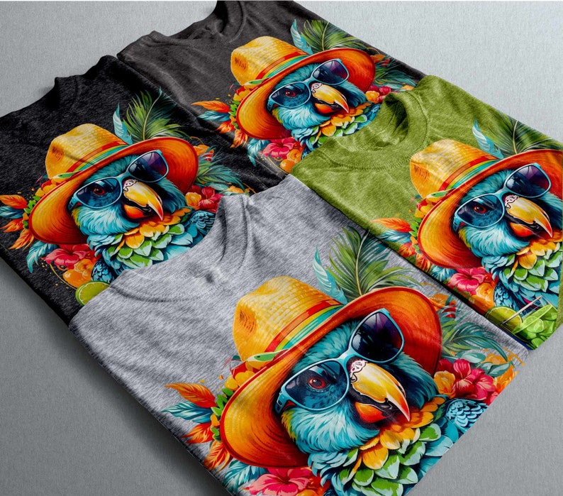May include: Four different t-shirts featuring a parrot wearing sunglasses and a hat design. The parrots are all different colours and have different backgrounds. The t-shirts are all different colours.