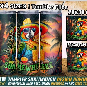 Op de afbeelding: Tumbler-ontwerp met een kleurrijke papegaai met zonnebril en sombrero, die een tropisch drankje vasthoudt. Het ontwerp bevat palmbomen en de tekst "It's 5 O'Clock Somewhere". Verkrijgbaar in 20 & 30 oz maten, zowel recht als taps.