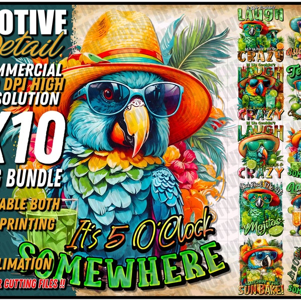 10 Cocktails and Parrots PNG Bundle, Margaritaville, Margarita, Colorful Parrot lime, funny shirt, Digital Download Dtg Clipart Sublimation