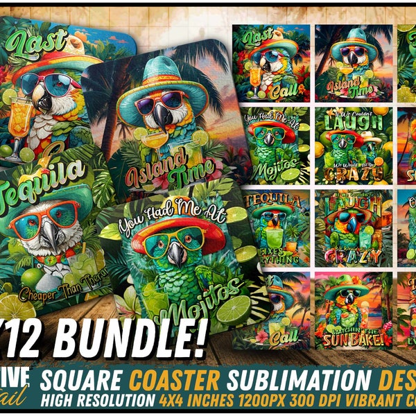 Tropical Parrot Cocktail Coaster Printable Bundle, Sublimation Design Download, Craft Files Sublimation Printing, Digital PNG, x12 Bundle