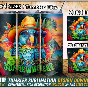 It&#39;s 5 o&#39;clock somewhere Margaritaville Margarita Sublimation Tumbler Wrap PNG, Tropical Parrot Design, Summer Vibes, DIY Drink Tumbler