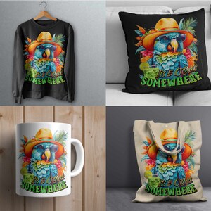 May include: A set of four different products featuring a colourful parrot wearing a straw hat and sunglasses. The parrot is holding a tropical drink and the text "It's 5 O'Clock Somewhere". The products include a black sweatshirt, a white mug, a black throw pillow, and a canvas tote bag.