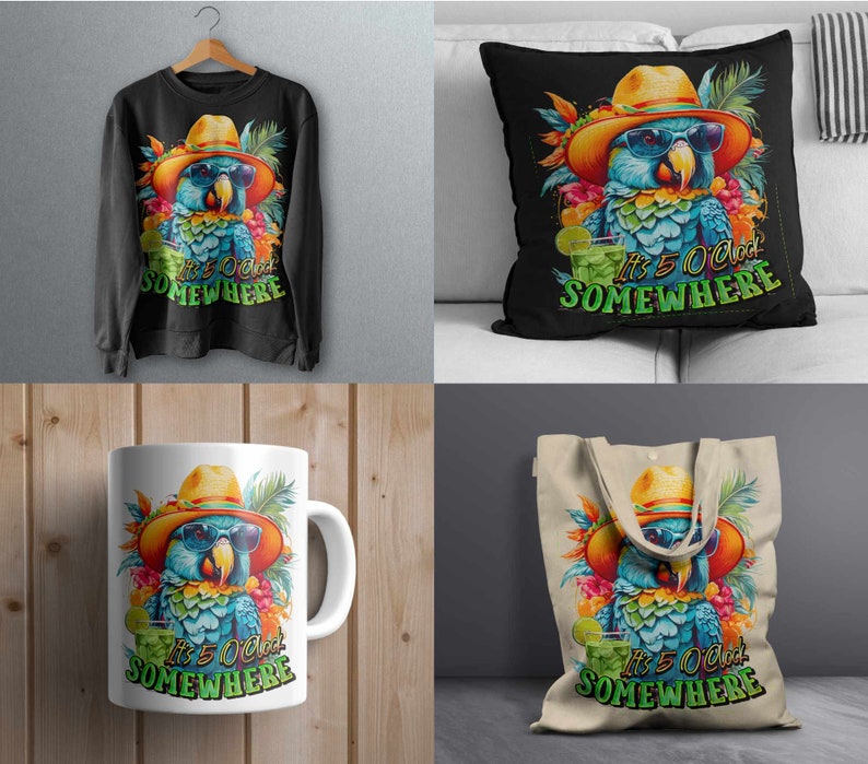 May include: A set of four different products featuring a colourful parrot wearing a straw hat and sunglasses. The parrot is holding a tropical drink and the text "It's 5 O'Clock Somewhere". The products include a black sweatshirt, a white mug, a black throw pillow, and a canvas tote bag.
