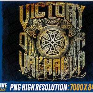 Könnte beinhalten: Eine digitale Illustration eines Wikingerkriegers mit Schild und Axt. Der Text "Victory of Valhalla" ist in einer stilisierten Schriftart mit einem gold-schwarzen Farbschema geschrieben.