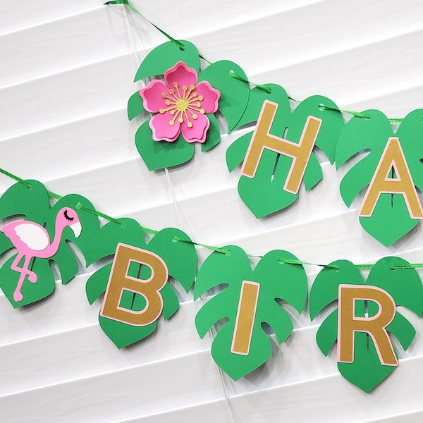 Flamingo Safari Leaf Flower Banner, Flower Birthday Banner, Tropical Party Decor