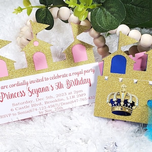 Faire-part d'anniversaire Château royal – Thème princesse ou prince | papier cartonné fait main, ruban, tulle | Comprend des enveloppes et des autocollants