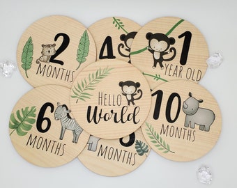 PRESI Safari Animals Wooden Milestone Discs – Baby Monthly Photo Props, Newborn Milestone Signs