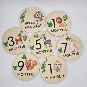 Disques en bois pour les jalons Animaux de safari : accessoires photo mensuels pour bébés, panneaux pour jalons nouveau-nés
