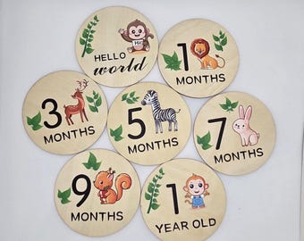 SAF Safari Animals Wooden Milestone Discs – Baby Monthly Photo Props, Newborn Milestone Signs