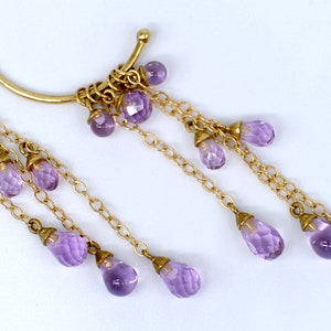 A really wonderful pair of drop amethyst hoop earrings, the briolette drops attached with gold chain to the 9ct gold hoops image 4