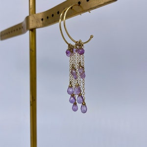 A really wonderful pair of drop amethyst hoop earrings, the briolette drops attached with gold chain to the 9ct gold hoops image 2
