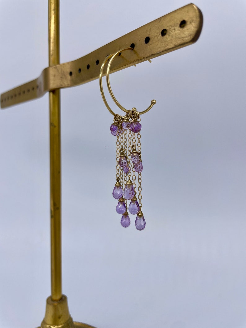 A really wonderful pair of drop amethyst hoop earrings, the briolette drops attached with gold chain to the 9ct gold hoops image 2