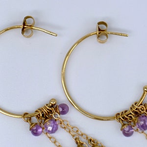 A really wonderful pair of drop amethyst hoop earrings, the briolette drops attached with gold chain to the 9ct gold hoops image 5