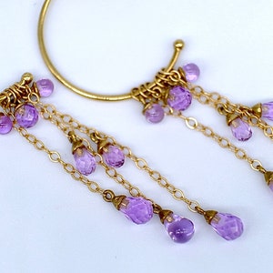 A really wonderful pair of drop amethyst hoop earrings, the briolette drops attached with gold chain to the 9ct gold hoops image 1