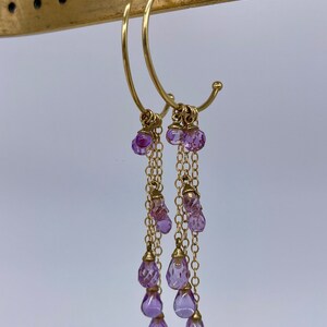 A really wonderful pair of drop amethyst hoop earrings, the briolette drops attached with gold chain to the 9ct gold hoops image 3