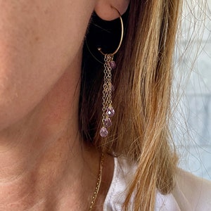 A really wonderful pair of drop amethyst hoop earrings, the briolette drops attached with gold chain to the 9ct gold hoops image 7