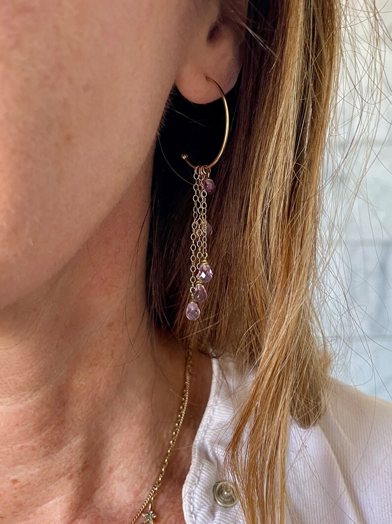 A really wonderful pair of drop amethyst hoop earrings, the briolette drops attached with gold chain to the 9ct gold hoops image 7