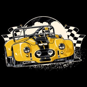 May include: A yellow vintage race car illustration with a driver wearing a helmet. The car has black racing stripes and the word "Simpson" on the helmet. Checkered flags and a white background complete the design.